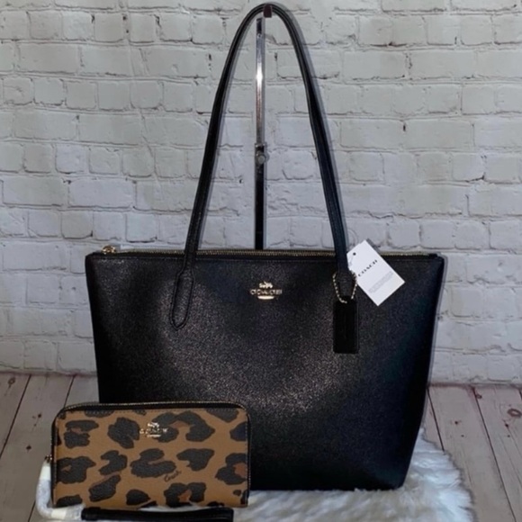 Coach ZIP TOP Tote/Leopard ACCORDIAN Wallet 2pc Set - Picture 1 of 9